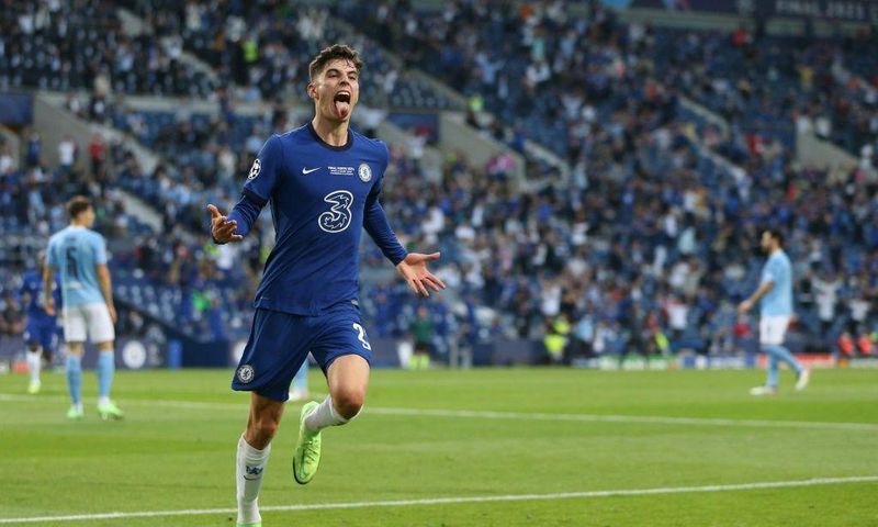 Kai Havertz runs away in celebration after scoring Chelsea's winner in the Champions League final