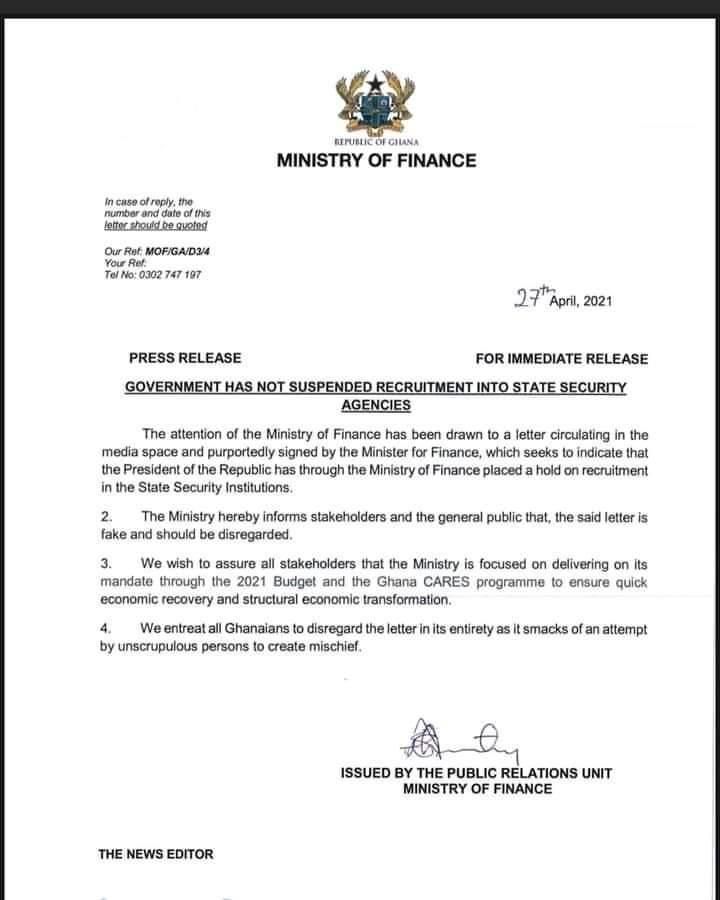 Finance Ministry statement
