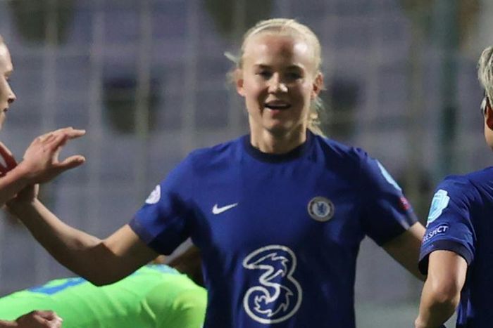 Danish forward Pernille Harder celebrates after scoring Chelsea's second goal against her old side Wolfsburg