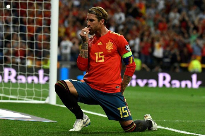 Bowing out: Sergio Ramos celebrated after converting a penalty against Sweden in Euro 2020 qualifying at  the Santiago Bernabeu in Madrid