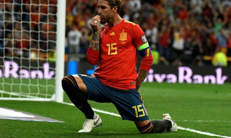 Bowing out: Sergio Ramos celebrated after converting a penalty against Sweden in Euro 2020 qualifying at  the Santiago Bernabeu in Madrid