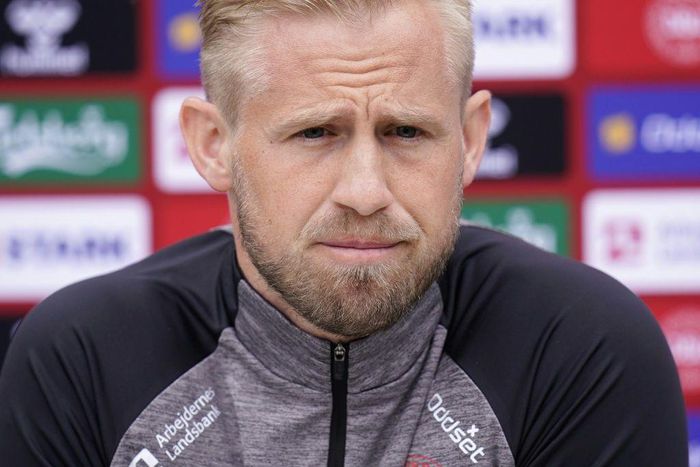 Denmark's Kasper Schmeichel talking to media about Christian Eriksen on Monday