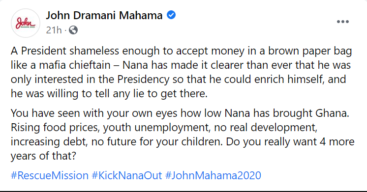 John Mahama's Facebook post