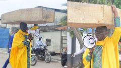 Archbishop Samson Benjamin embarks on a one-man protest with a coffin on his head