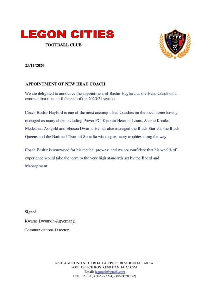 Bashir Hayford appointed coach of Legon Cities