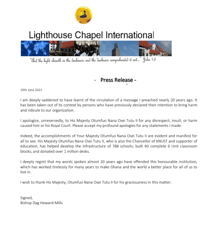 Dag Heward-Mills apology to Otumfour