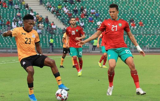 Raja Casablanca star Soufiane Rahimi (R) playing for Morocco against Zambia in the African Nations Championship in Cameroon this year.