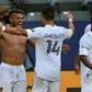 Shirtless  Jonathan dos Santos is congratulated by Los Angeles Galaxy teammate Javier Hernandez after scoring in the Galaxy's 2-1 Major League Soccer victory over Los Angeles FC