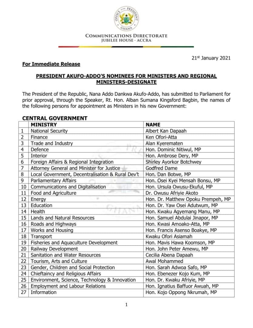 Full list of Akufo-Addo's Ministerial nominees