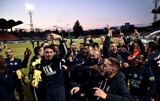Fourth tier Rumilly-Vallieres players celebrate after making the French Cup semi-finals