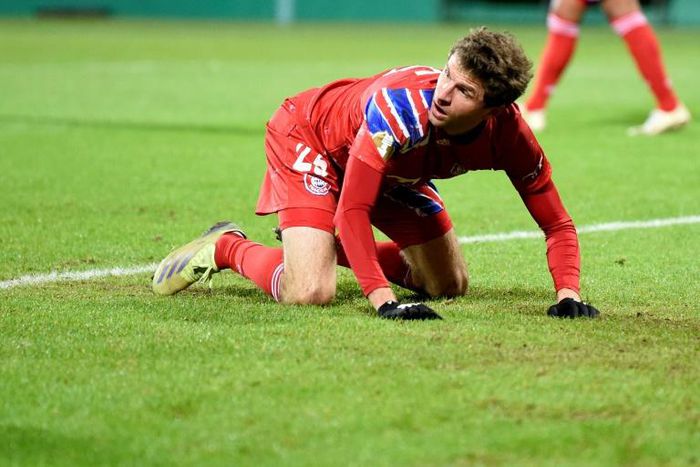 Bayern Munich forward Thomas Mueller shows his frustration during Wednesday's shock German Cup defeat at Holstein Kiel