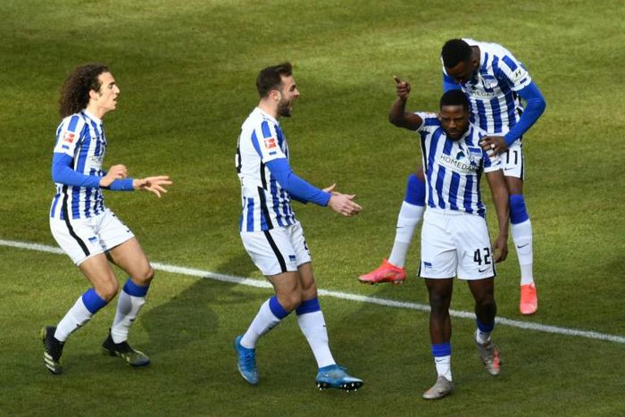Hertha Berlin defender Deyovaisio Zeefuik (2R) scored his first Bundesliga goal in Sunday's win over Bayer Leverkusen