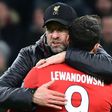Liverpool manager Jurgen Klopp (L) embraces Bayern Munich forward Robert Lewandowski after a Champions League game in 2019