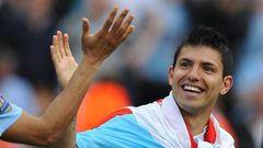 Sergio Aguero celebrates after his last-gasp goal won the 2012 Premier League title for Manchester City