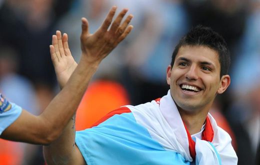 Sergio Aguero celebrates after his last-gasp goal won the 2012 Premier League title for Manchester City