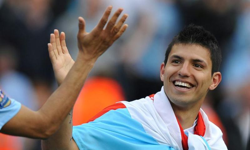 Sergio Aguero celebrates after his last-gasp goal won the 2012 Premier League title for Manchester City