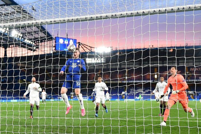 Timo Werner heads in the opening goal for Chelsea at home to Real Madrid on Wednesday