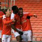 Blackpool celebrate in their FA Cup win over West Brom