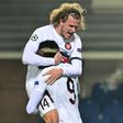 Midtjylland's Scholz (L) scored the opening goal against Atalanta