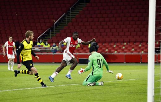 Brian Brobbey (2nd-R) scores for Ajax against Young Boys Bern in the last 16 of the Europa League