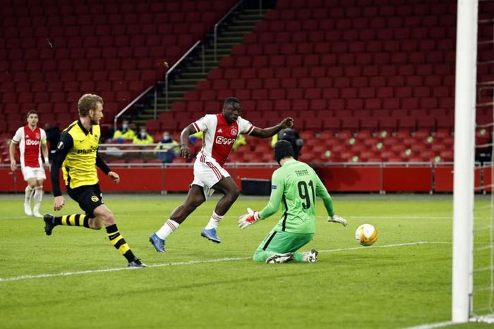 Brian Brobbey (2nd-R) scores for Ajax against Young Boys Bern in the last 16 of the Europa League