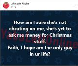 Man suspects girlfriend might be cheating because she hasn’t requested “money for Christmas stuff”
