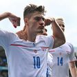 Patrik Schick celebrates after scoring a penalty against Croatia