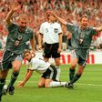 England's Alan Shearer (left) and David Platt celebrate against Germany at Euro 96