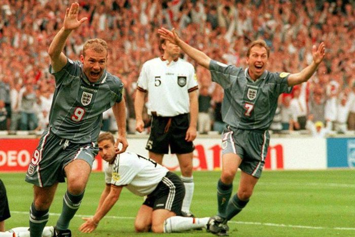 England's Alan Shearer (left) and David Platt celebrate against Germany at Euro 96