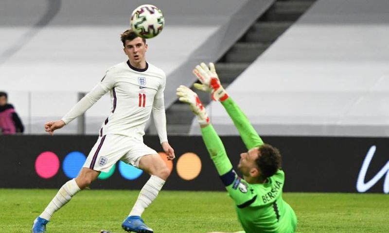Mason Mount scores England's second goal in their 2-0 win against Albania