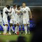 Minnesota United players celebrate with Kevin Molino (7) after a goal during the first half of the MLS playoff game against Sporting Kansas City