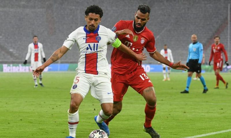 Marquinhos (L) in action for PSG in the first leg against Bayern Munich