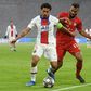 Marquinhos (L) in action for PSG in the first leg against Bayern Munich