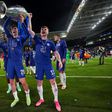 Chelsea's Germany stars Kai Havertz (L front) and Timo Werner (R front) celebrate winning the Champions League final last Saturday