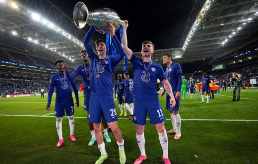 Chelsea's Germany stars Kai Havertz (L front) and Timo Werner (R front) celebrate winning the Champions League final last Saturday