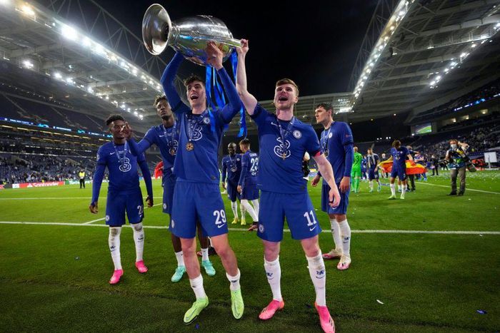 Chelsea's Germany stars Kai Havertz (L front) and Timo Werner (R front) celebrate winning the Champions League final last Saturday