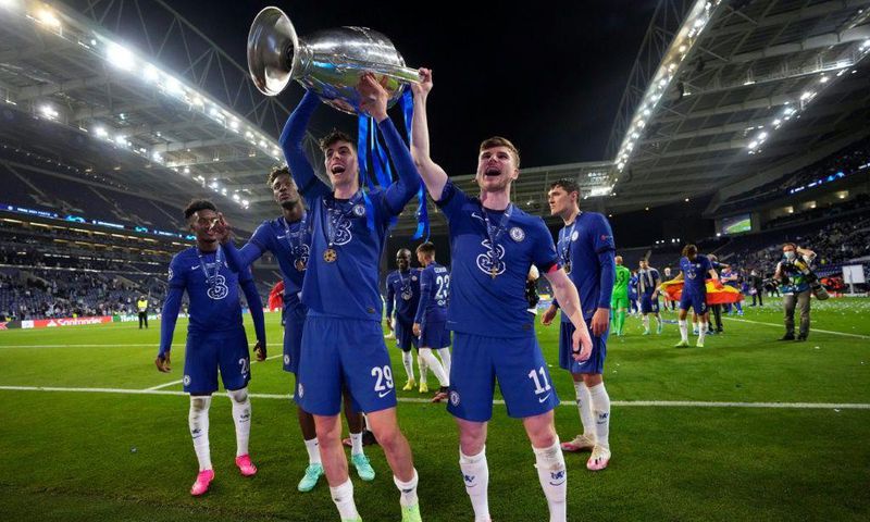 Chelsea's Germany stars Kai Havertz (L front) and Timo Werner (R front) celebrate winning the Champions League final last Saturday