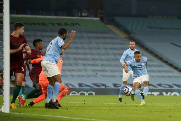 Gabriel Jesus (right) fires home Manchester City's second goal against Wolverhampton