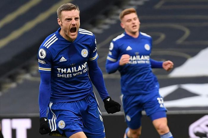 Leicester forward Jamie Vardy celebrates scoring from the penalty spot against Tottenham
