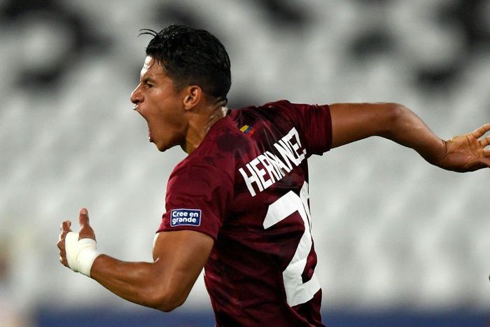 Venezuela's Ronald Hernandez celebrates his injury time equalizer against Ecuador at the Copa America