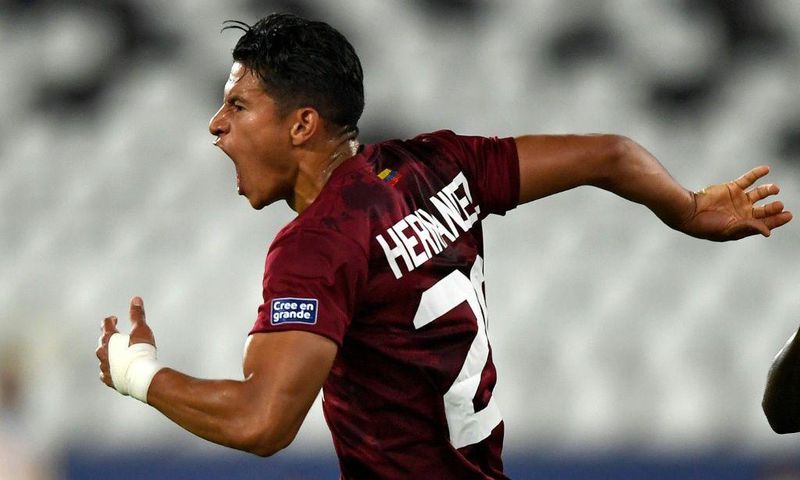 Venezuela's Ronald Hernandez celebrates his injury time equalizer against Ecuador at the Copa America