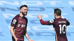 Stuart Dallas (left) scored twice for Leeds in a 2-1 win at Manchester City on Saturday