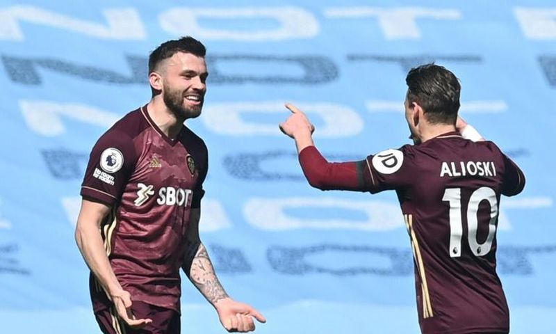 Stuart Dallas (left) scored twice for Leeds in a 2-1 win at Manchester City on Saturday