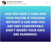 “Your days are numbered If you have 3 cars and your pastor is trekking” – Pastor says