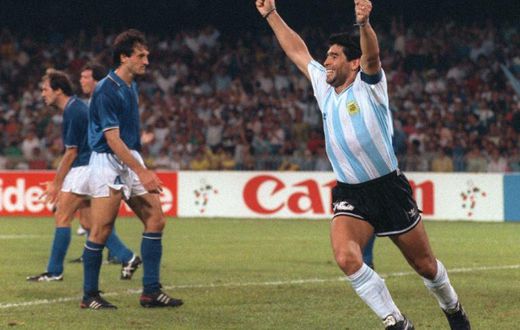 Diego Maradona celebrates Argentina's goal against Italy in the 1990 World Cup semi-final