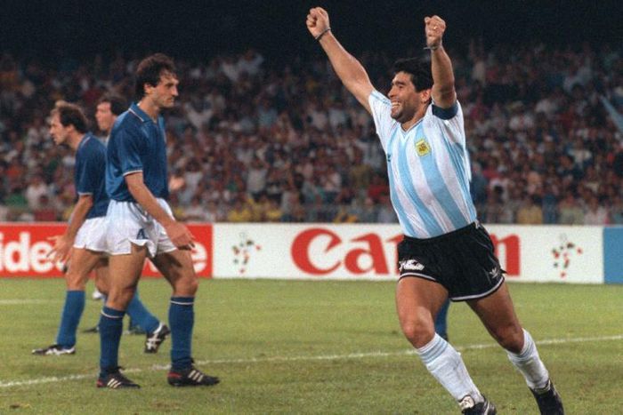 Diego Maradona celebrates Argentina's goal against Italy in the 1990 World Cup semi-final