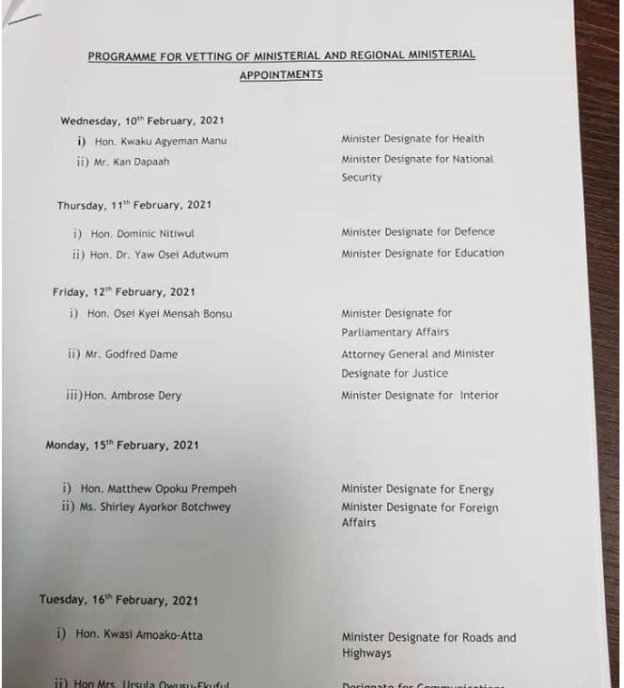 Ministerial vetting timetable 1