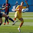 Barca scorer Jenni Hermoso (right) challenged by PSG defender Irene Paredes