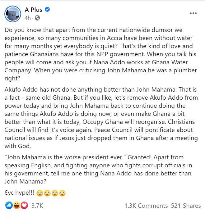 Akufo Addo has done nothing better than Mahama – A plus