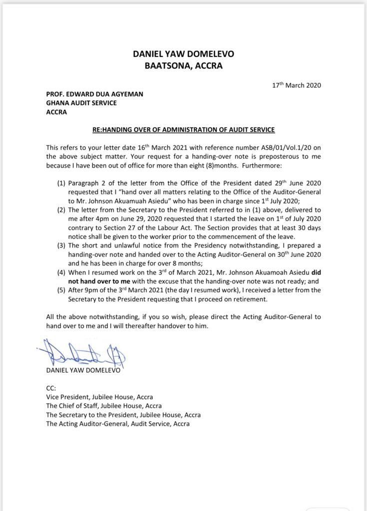 Domelevo statement on handover note